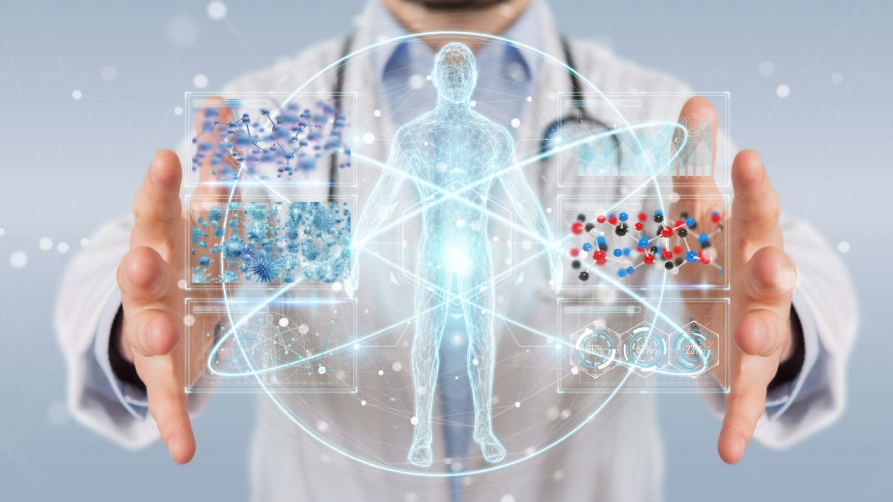 Doctor on blurred background using digital medical futuristic interface 3D rendering